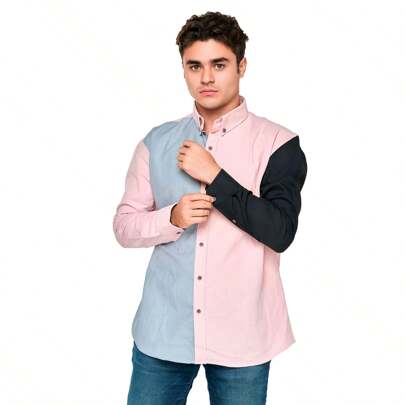 MOONKEY Camisa Hombre Casual Manga Larga Rosa en combinación gris y negro
