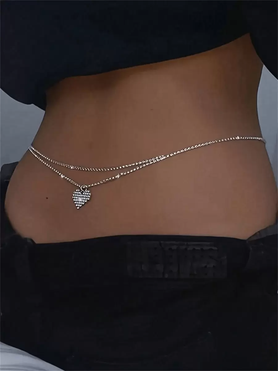 1pc Fully Rhinestoned Heart Pendant Tassel Waist Chain, Fashion Personalized Nightclub Sexy Crystal Glitter Body Chain Accessory For Women - Multicolor - View 1