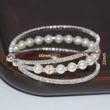1pc 3-Row Crystal & Pearl Hinged Bangle Bracelet, Silver-Color, Bridal Wedding Party Gift Accessory - Silver - View 5