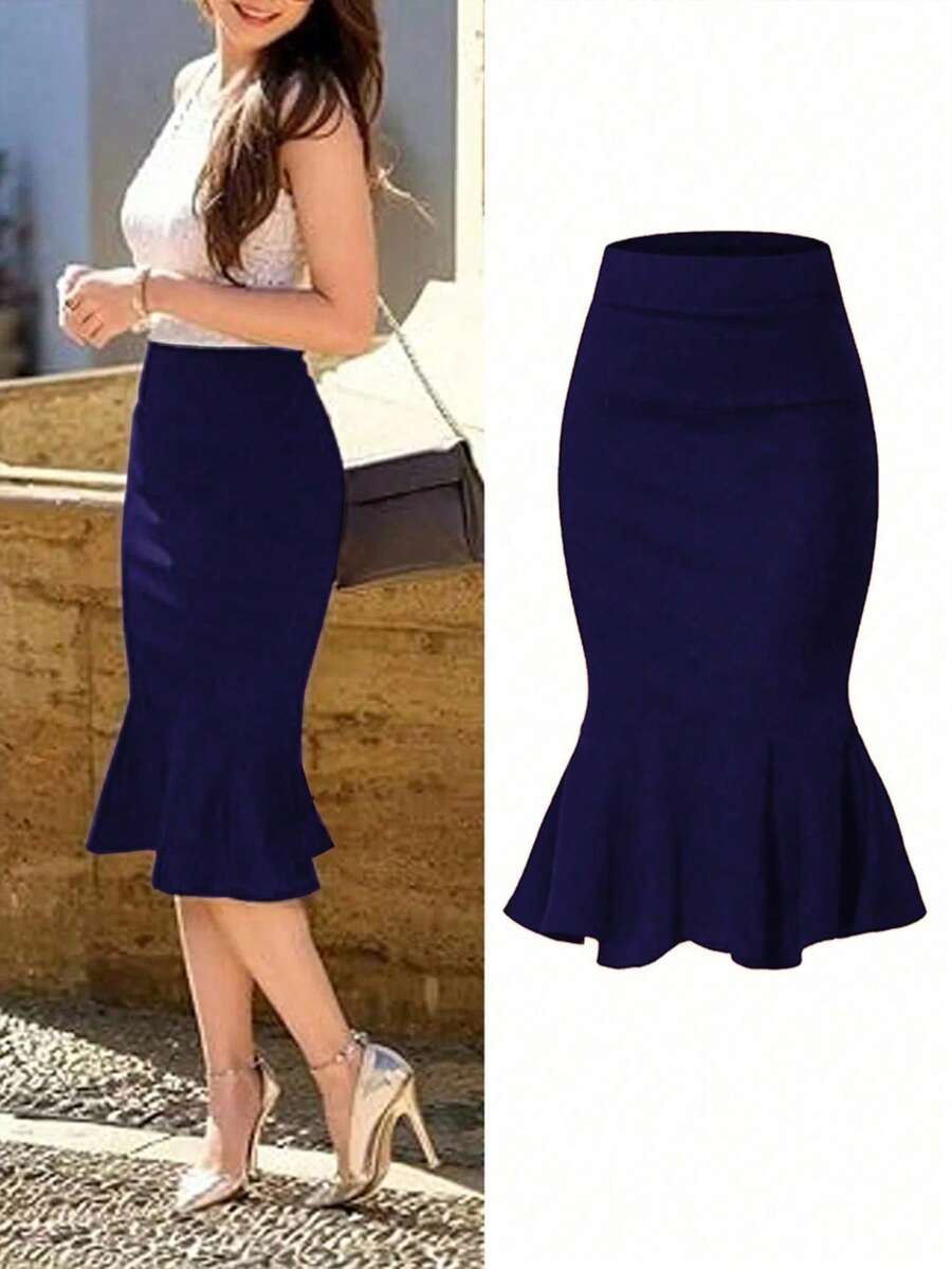 女士办公室通勤高腰铅笔裙，及膝修身裙，弹性涤纶混纺，适合所有季节