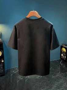 Camiseta de hombre con estampado de letras, camiseta de verano de cuello redondo y manga corta - Negro - Ver 2