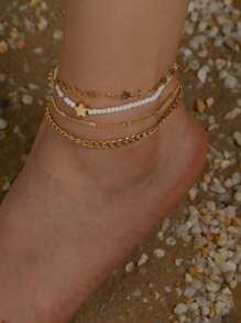 4pcs Holiday Style Heart Chain Pearl Anklet (Random Heart Chain Quantity, Based On Length) Valentine's Day Valentines,Mom,Mother,Mother's Day,Gift