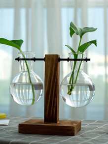 创意木制框架水培花瓶花盆，现代简约办公室玻璃桌面装饰，绿叶植物