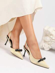 Zapatos de tacón alto con puntera abierta, combinación de dos colores, lazo incrustado, correa trasera, tacón alto delgado, adecuados para el trabajo y fiestas