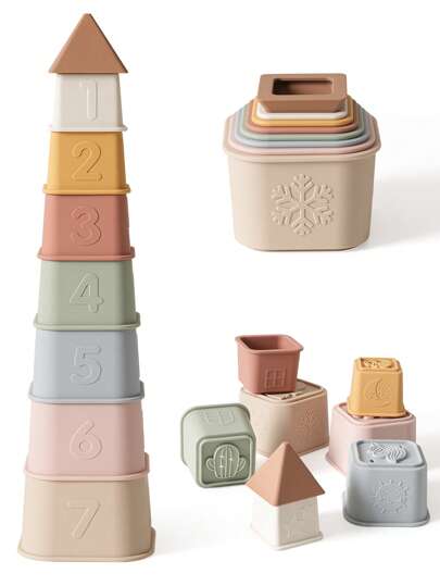 Baby Silikon Stapelbecher Set mit 8 Stück, Frühpädagogisches Baby Stapelwürfel, Silikon Kleinkind Stapelspielzeug