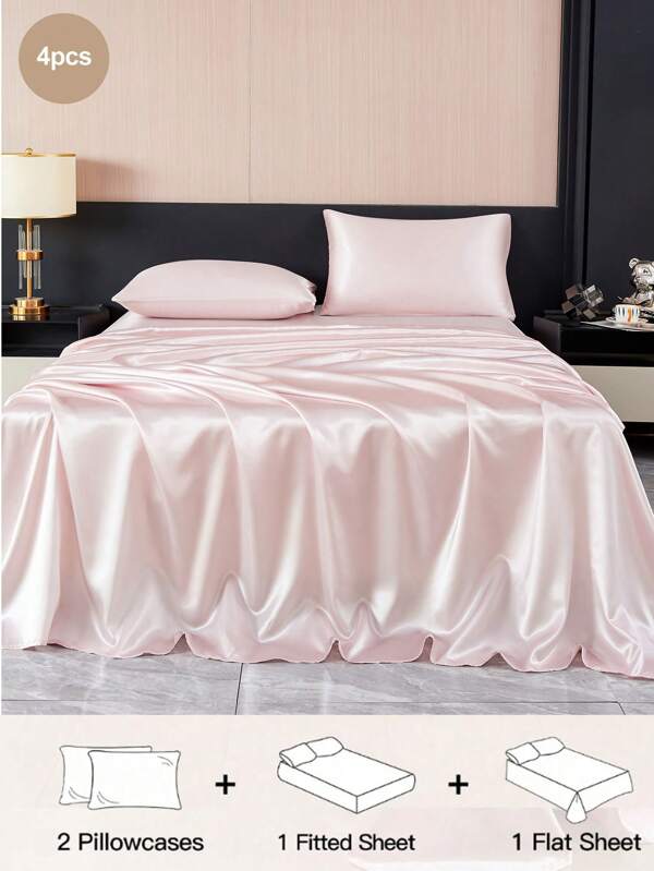 Juego de sábanas de 4 piezas de satén de satin premium liso de color rosa claro, 1 sábana ajustada, 1 sábana plana, 2 fundas de almohada. Juego de protector de colchón de satén de lujo para cama King, Queen, Full, TWIN. Sábanas con bolsillos profundos de hasta 30 cm. Fundas de almohada de satén suaves, transpirables y sin arrugas, ideales para un mejor sueño. Estilo de hotel de lujo, regalo para mamá, papá, amigos, dormitorio, vuelta al colegio.
