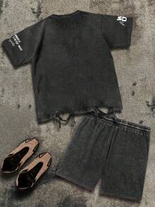Lonblece Vintage American Style Casual Sports Outfit For Men, Washed High-End Loose Fit Matching T-Shirt And Shorts Set