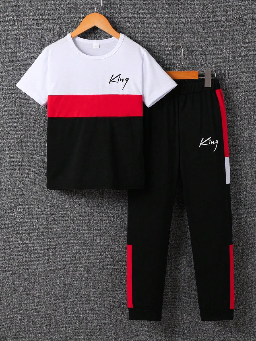 Tween Boy 2pcs Summer Contrast Color Letter "KING" Print Round Neck Short Sleeve Top And Full Length Pants Sports Casual Set, For 7-11 Years Old, PE, Student