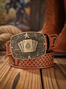 1pc Boho Western Cowboy Style Poker Embossed Metal Buckle Vintage Dark Brown PU Leather Belt Summer, School Casual, Business, Boyfriend Husband Father Dad Men Gift, Daily Wear, Fashion, Teen, Outdoor, Vacation, Athletic, Travel, Street, Boho, Vintage Fall, Autumn, Halloween Autumn-Winter Accessories,Suitable For Teens, Youth,Men,Casual, Outdoor, Athletic, Vacation, Graduation Gifts, Birthday, Daily Wear - As Shown - View 5