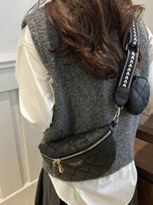 1 件时尚腰包，休闲格子仿皮斜挎胸包，带可调节肩带，拉链开合，涤纶衬里，适合派对和旅行