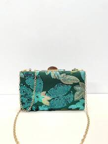 Bolsa de mão com padrão de bordado de lantejoulas exclusivo para noite, bolsa transversal para combinar com vestido formal - Verde - Ver 8