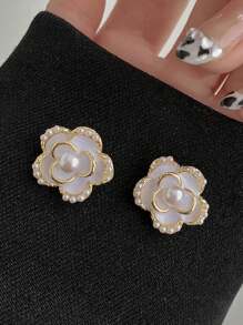 1 对简约优雅时尚可爱甜美花朵和人造珍珠耳钉，适合女性日常和节日佩戴 - 珍珠花朵 - 查看 2