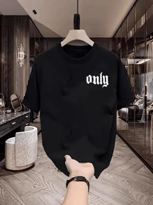 Camiseta de hombre con estampado de letras, camiseta de verano de cuello redondo y manga corta - Negro - Ver 1
