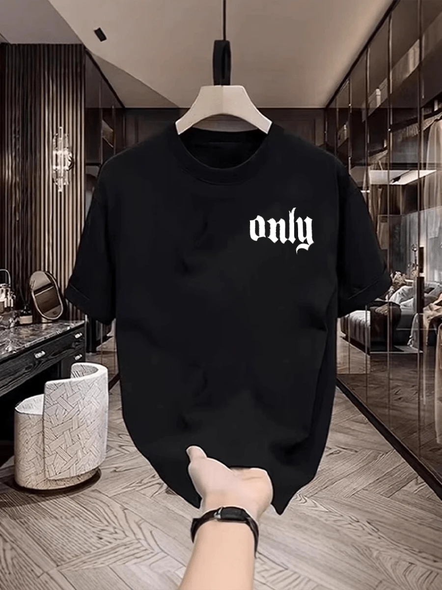 Camiseta de hombre con estampado de letras, camiseta de verano de cuello redondo y manga corta - Negro - Ver 1