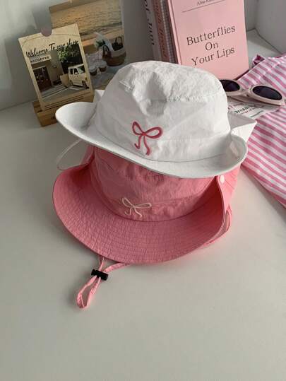 1pc Solid Color Breathable Quick-Dry Bucket Hat, Cute Bow Decor, Lightweight Wide Brim Sun Protection Beach Hat For Girls, Suitable For Spring/Summer