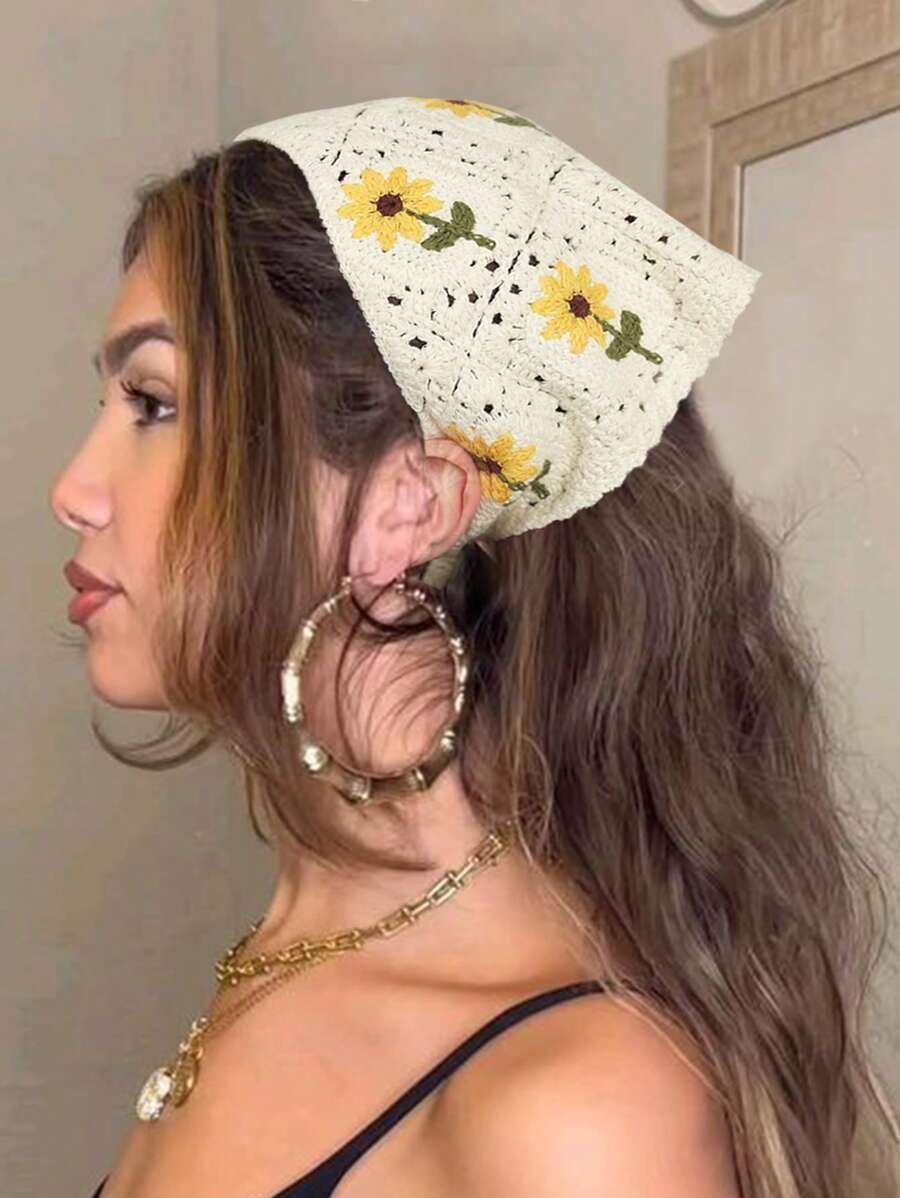 1 件度假风针织花卉三角围巾头巾头巾发巾，头巾秋冬女式头带发带女式发饰