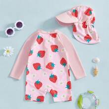 Toddler Baby Girl One Piece Swimsuit UPF 50+ Sun Protection Long Sleeve Rash Guard Bathing Suit Swimwear Sunhat Set - Dusty Pink - View 4