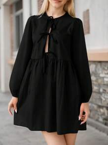 SANOPY Dresses For Women,Casual Dresses For Women,Puff Sleeves Cute Doll Dress A-Line Bust Lace Up, Solid Color Long Sleeves Short Dress - 黑色 - 查看 5