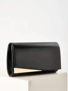 Shiny Luxury Envelope Clutch Bag, Decorated With Cross Texture Golden Hardware, PU Material, With Metal Chain, Suitable For Wedding, Party, Prom, Birthday Gift And More, Large Capacity To Fit Phone, Cosmetics, Etc. - Black - View 3