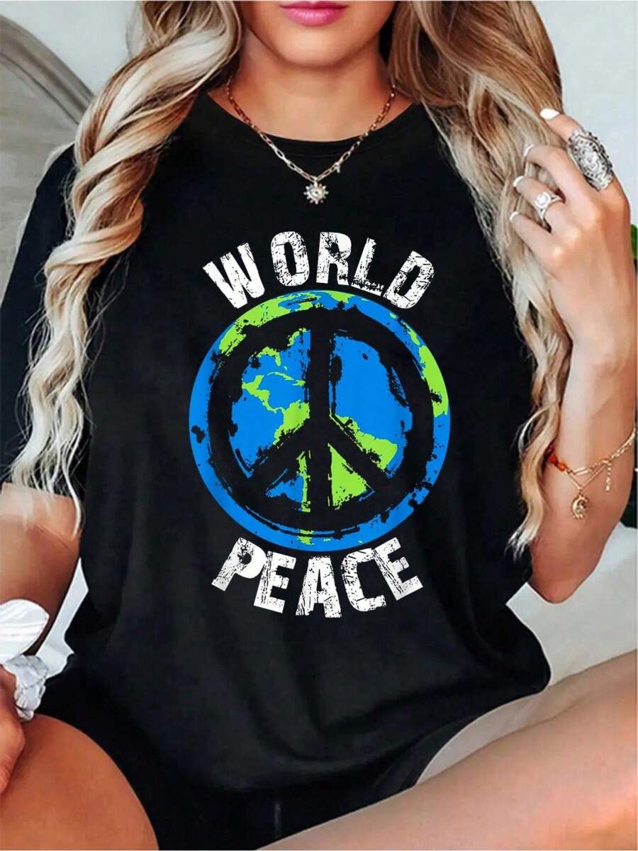 World Peace Shirt - Global Peace On Earth Gift T-ShirtWomen's Casual Short Sleeve Crew Neck T-Shirt For Spring & Summer - Comfortable, Relaxed Fit, Printed Graphic Tee For  Sport Lovers