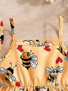 Set de 2 piezas de vestido casual con estampado de abeja + gorra para bebé niña, verano