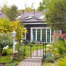 SUNROAD 7ft Double Layer Arched Roof With Black Wrought Iron Arched Courtyard Gate - Black - View 7