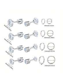 16 件套旋入式医用不锈钢耳钉和环状耳环套装女士男士 AAA 方晶锆石软骨耳环防过敏多个穿孔适合男士女士敏感耳朵 - 耳飾套裝 - 查看 2