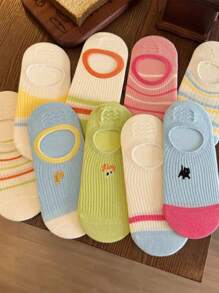 5 Pairs Random Dopamine Printed Low Vamp Invisible Boat Socks For Women, Cute Color-Blocking, Insole-Free, Non-Slip, Suitable For Spring/Summer - Multicolor - View 3