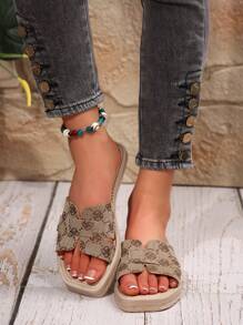 女士复古风格刺绣一脚蹬拖鞋，防滑室内外休闲罗马沙滩凉鞋