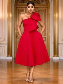 Đầm dạ hội một vai màu trơn, đầm dự tiệc thắt nơ, đầm cocktail dự đám cưới mùa xuân - Đỏ - Xem 3