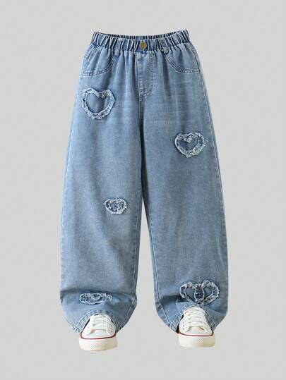 Tween Girls Stylish New Casual Straight Leg Heart Embroidered Jeans Pants