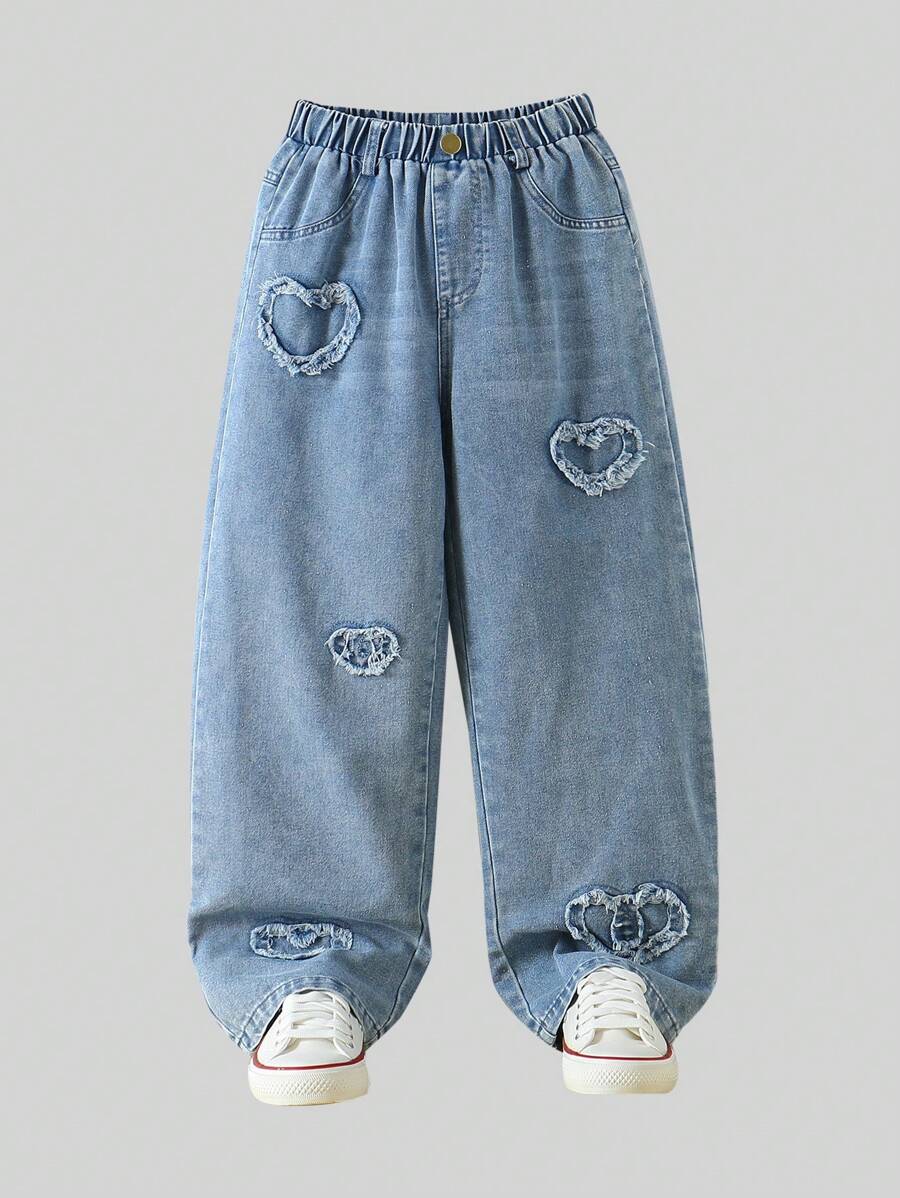Tween Girls Stylish New Casual Straight Leg Heart Embroidered Jeans Pants - Blue - View 1