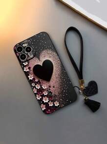 1pc Perforated Edgy Floral & Heart Decorative Thickened Shockproof Painted Phone Case With Detachable PU Leather Heart Wrist Strap, DIY Phone Case Accessory, Leather Tassel Pendant Wristband Compatible With IPhone Galaxy Redmi Waterproof Anti-Fall Scratch Resistant