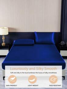 4Pcs Navy Blue Premium Plain Silky Satin Sheet Set Bedding Set, 1pc Fitted Sheet & 1pc Flat Sheet& 2pcs Pillowcase Bedding Mattress Protector Set (Not Including Pillow Core)Luxury Satin Fitted Sheet Set King Queen Full TWIN SIZE Sheet Deep Pocket Up To 11.8 Inch Satin Pillowcase, Soft Breathable Wrinkle-Free Better For Sleep, Luxury Hotel Style, Gift For Mom Dad Friend Domitory Bedding Back School Bedding - Navy Blue - View 5