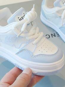 1 Pair Unisex Letter Patchwork PU Non-Slip Thick Sole Round Toe Mid-Top Criss-Cross Lace Up Flat Casual Sports Shoes, Suitable For Spring/Autumn