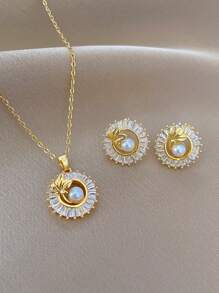 1pc Stainless Steel Circle Leaf Necklace Earring 2-In-1 Set, Sparkling Rhinestone Luxury Earrings & Necklace, Without Gift Box - Pearl - View 2