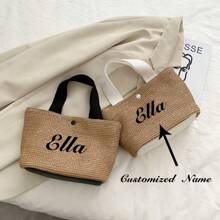 Bolsa de praia de palha com nome personalizado, estilo de praia minimalista, adequada para férias de verão na praia, deslocamento diário, personalização de nome bordado, adequada para festivais, aniversários, presentes de dia das mães