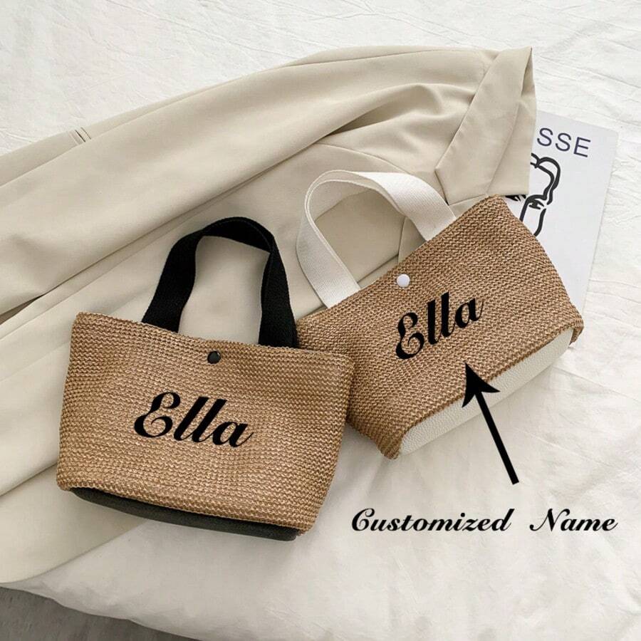 Bolsa de praia de palha com nome personalizado, estilo de praia minimalista, adequada para férias de verão na praia, deslocamento diário, personalização de nome bordado, adequada para festivais, aniversários, presentes de dia das mães