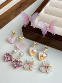 5 Pairs Sweet, Delicate, Gentle, Versatile Butterfly, Geometric, Heart & Floral Design Stud Earrings Set For Women, Suitable For Daily, Vacation, Party And Ball - Pink - View 3