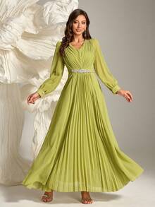 Women V-Neck Long Sleeve Ruched Elegant Party Dress With Rhinestone Decoration, Wedding Guest Dress, Formal Dress, Evening Dress, Gown