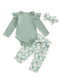 Baby Girls 3 Piece Outfit Long Sleeve Ruffled Ribbed Romper Daisy Print Lacing Pants Hairband Set - Green - View 7