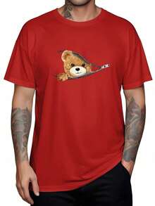 Unisex Bear Zipper T-Shirt Fashion Streetwear T-Shirt Women's Shirt 100% Cotton Men's Printed Casual Premium - 紅色 - 查看 1