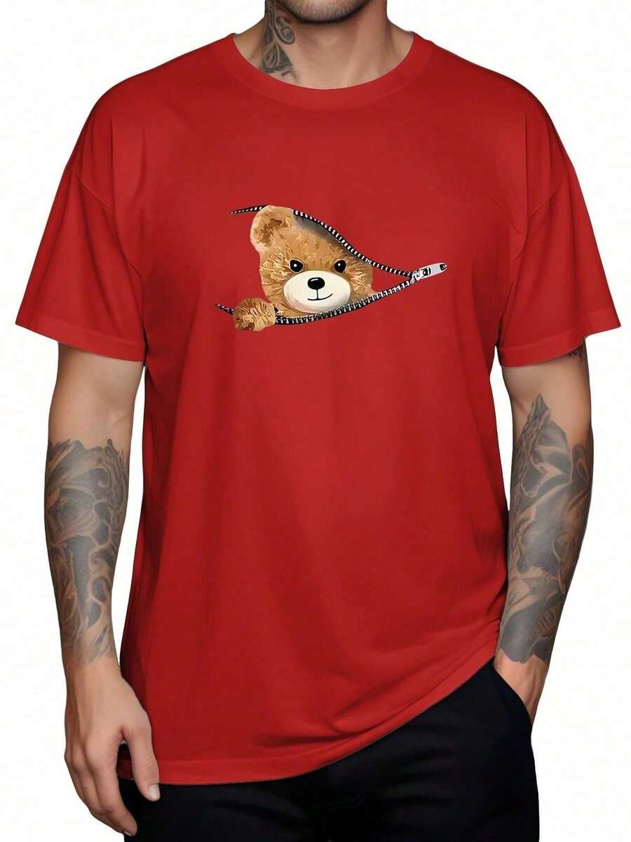 Unisex Bear Zipper T-Shirt Fashion Streetwear T-Shirt Women's Shirt 100% Cotton Men's Printed Casual Premium - 紅色 - 查看 1