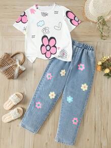 2pcs/Set Tween Girl Casual Short Sleeve Random Floral & Letter Printed Tee With Light Blue Denim Pants, Suitable For Spring, Summer And Autumn - White - View 10