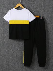 Tween Boy 2pcs/Set Sports Summer Loose Letter "KING" Print Patchwork Colorblock Round Neck Short Sleeve Top And Pants Set, 7-11 Years Old - Yellow - View 2