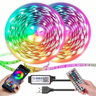 RGB LED Strip Lights Controlled By Mobile APP And 44-Key Remote Synchronously With Music Suitable For Room Decoration