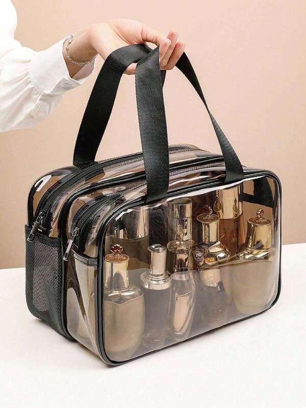 1 peça bolsa de armazenamento para maquiagem, bolsa de viagem, bolsa para pincéis de maquiagem, bolsa de higiene pessoal, bolsa de maquiagem transparente feita de material de PVC, bolsa de higiene pessoal portátil, bolsa de armazenamento de cosméticos, bolsa de praia, essencial para viagens de verão, decoração de banheiro para casa de férias, organizador de maquiagem para feriados, acessórios de banheiro, volta às aulas