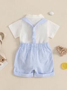 Baby Boy Gentleman Outfit Solid Color Short Sleeve Lapel Neck Romper With Stripe Suspender Shorts And Bowtie - 淺藍色 - 查看 3