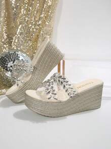 Women's Bow Decor Platform Wedge Slide Sandals, Open Toe Casual Beach Outdoor Slippers - Silver - View 7