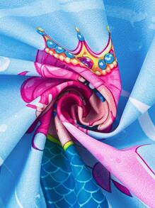 1pc Girls' Round Neck Long Sleeve Zipper Mermaid Scale Print Swimsuit - Royal Blue - View 9